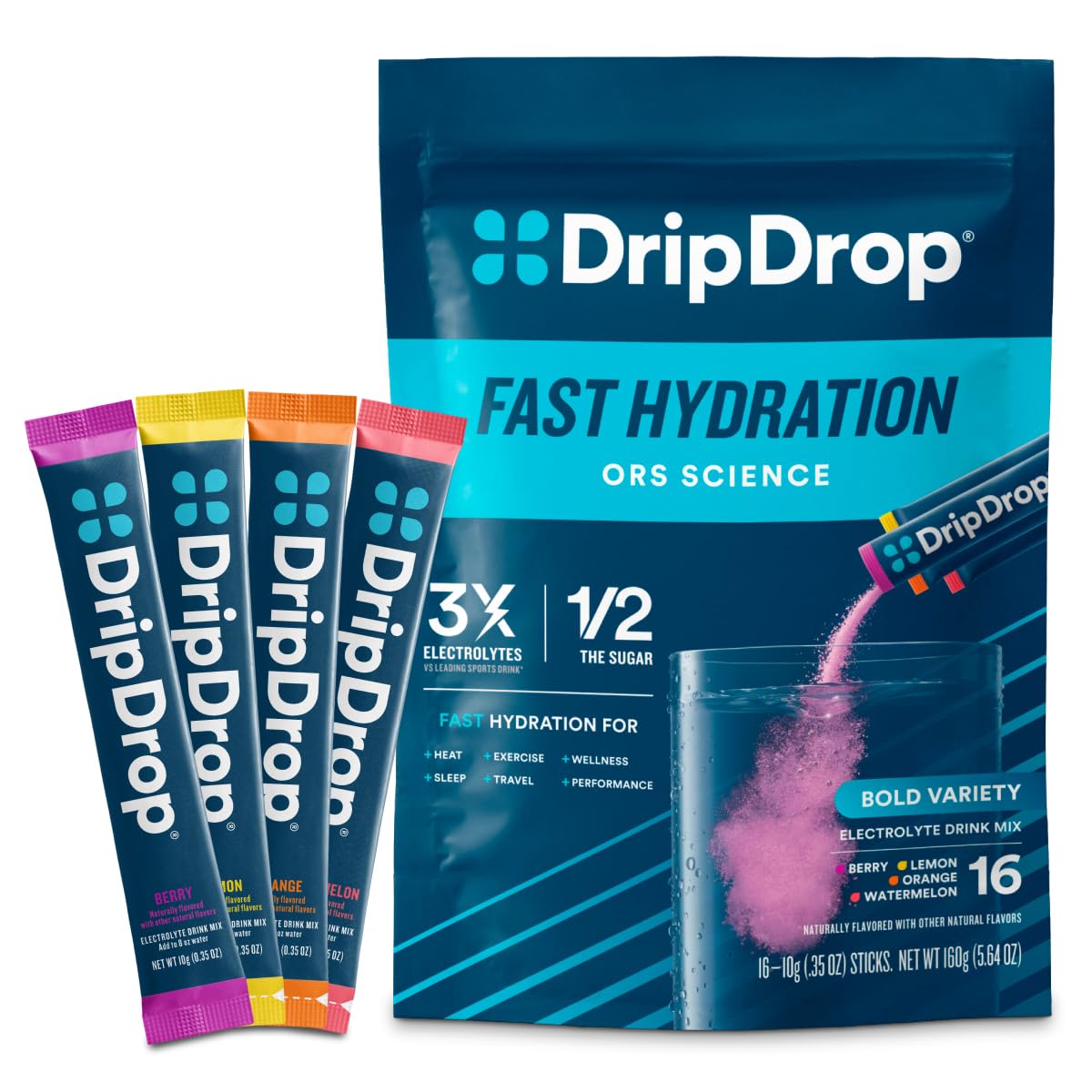 Paquete variado DripDrop Hydration Bold, paquetes de electrolitos, 16 unidades