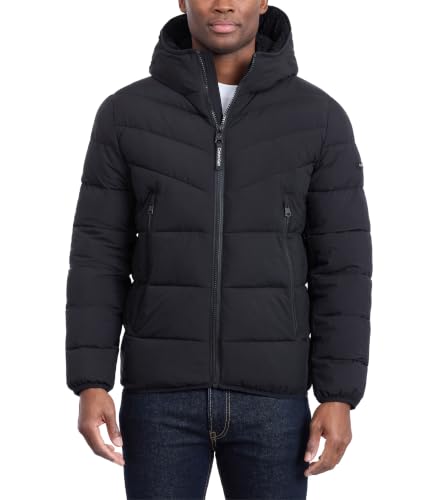Abrigo de invierno para hombre Calvin Klein - Chaqueta elástica acolchada con capucha Sherpa, Ébano,