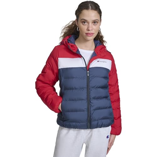 Champion Puffer acolchado con capucha para mujer, combo rojo/azul marino, pequeño