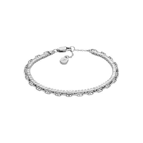 Fossil Pulsera de tenis con cadena de latón plateada Heritage D-Link Glitz para mujer