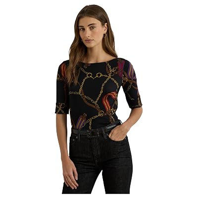 Lauren Ralph Lauren Camiseta de algodón elástico con cuello de barco para mujer, color negro, multicolor, talla grande
