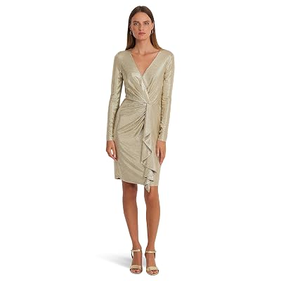 Lauren Ralph Lauren Vestido de cóctel con sobrepelliz de punto metálico para mujer Abedul Bronceado/Dorado