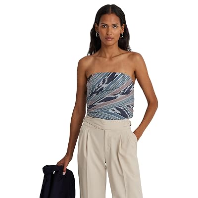Lauren Ralph Lauren Blusa sin tirantes de algodón con rayas geométricas para mujer, color azul marino, multicolor 4