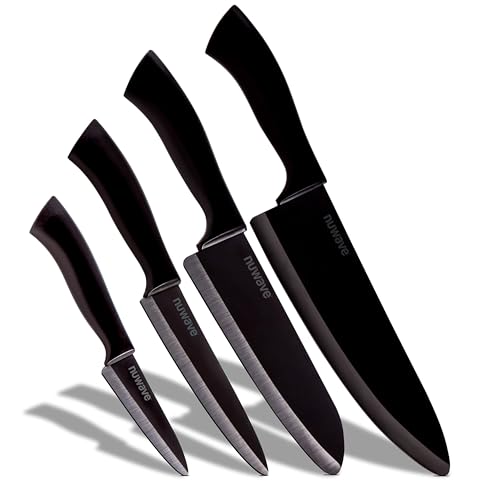 Nuwave Juego de cuchillos de cerámica negros de 4 piezas, cuchillos para pelar, multiusos y de chef