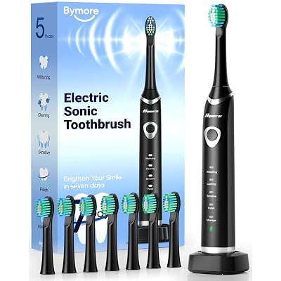 Bymore Cepillo de dientes eléctrico para adultos, cepillo de dientes sónico recargable, negro
