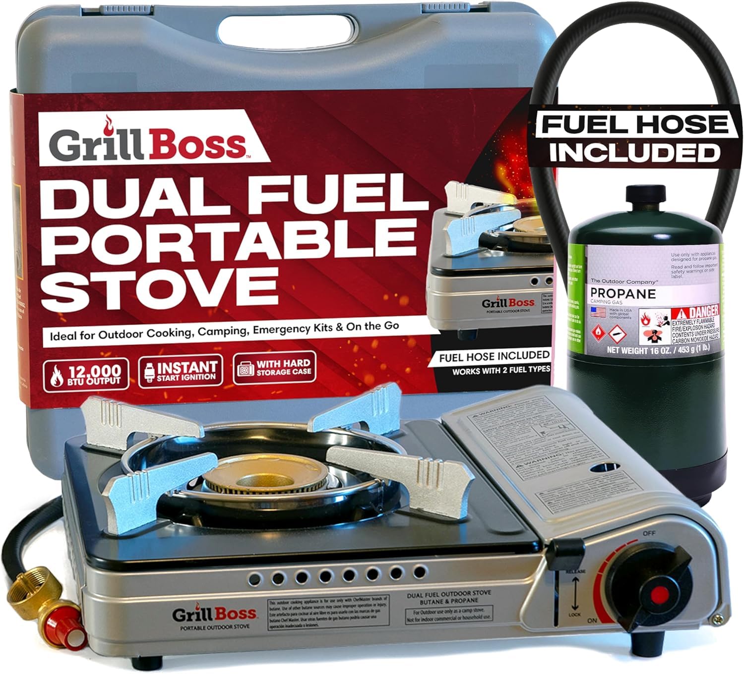 Chef Master Grill Boss Estufa de camping de doble combustible, butano y propano, 12000 BTU