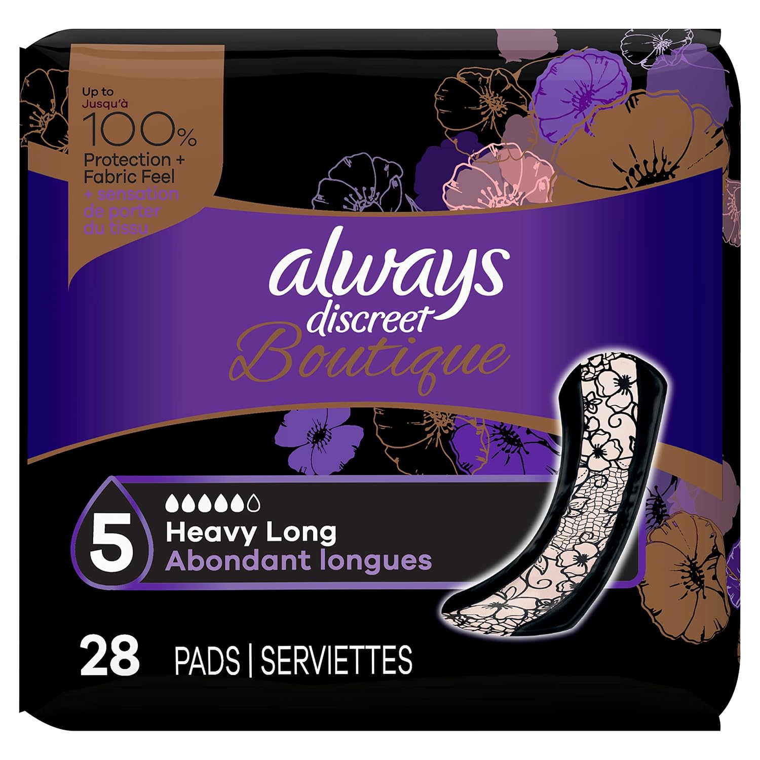 Compresas para incontinencia boutique Always Discreet, talla 5, absorción intensa, largas, 28 P