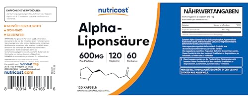 Ácido alfa lipoico Nutricost 600 mg por porción, 240 cápsulas