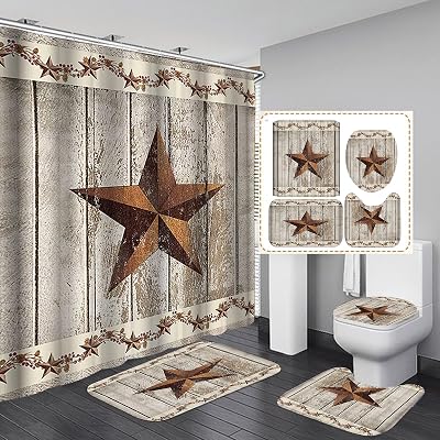 OLEBETY - Juego de 4 cortinas de ducha de tela con diseño de estrella del oeste de Texas, estilo retro, primiti