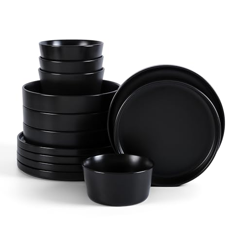 Stone Lain Celina Stoneware 12-Piece Dinnerware Set, Cereal and Pasta Bowls, Bla