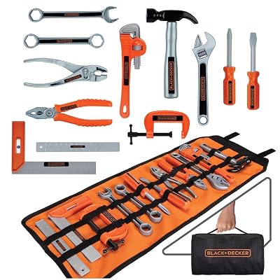 JAKKS Pacific Black+Decker Kids Tool Bag Set 13-Piece Junior Roll Up Bag Pretend