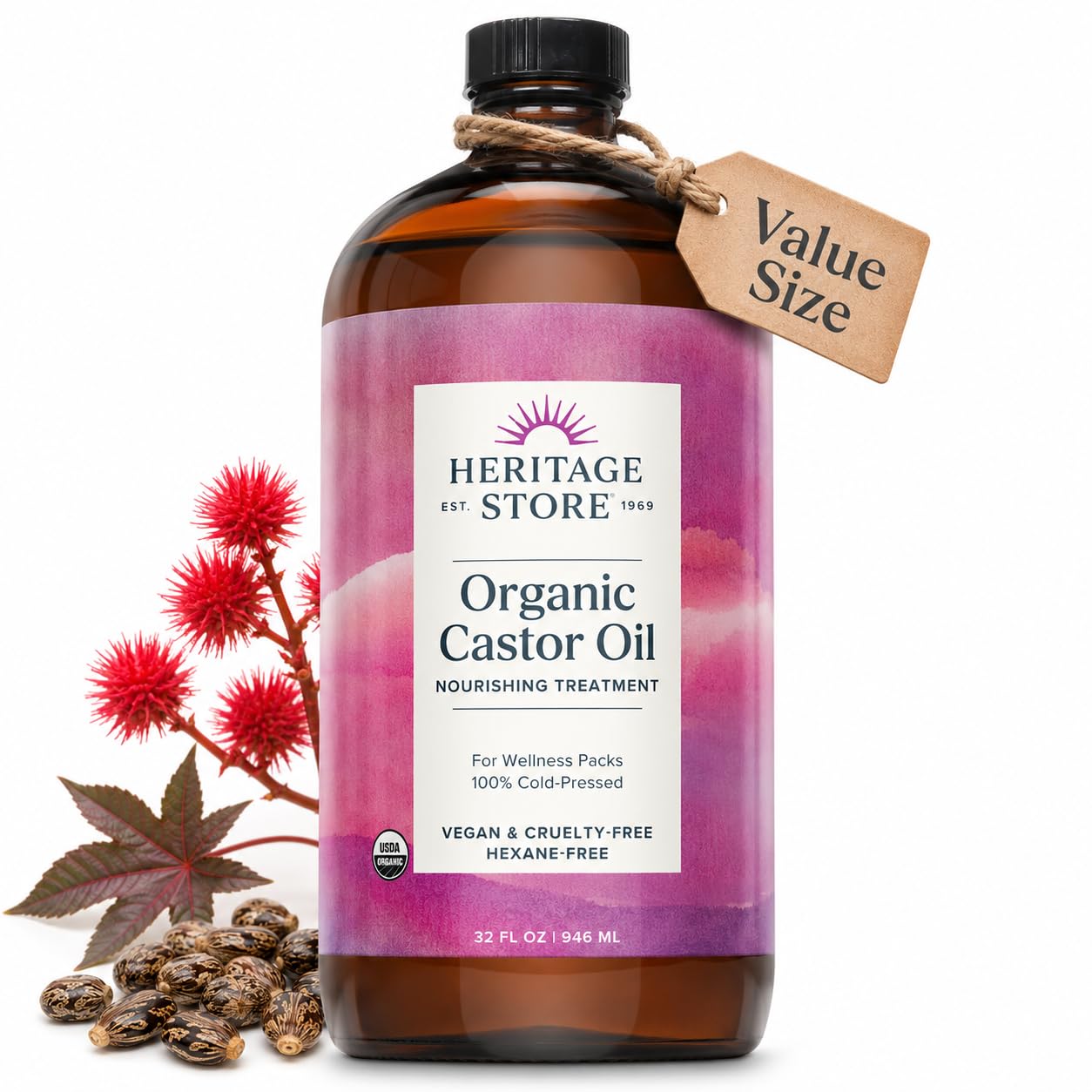 HERITAGE STORE Organic Castor Oil, Cold Pressed Hexane Free, 32 fl oz
