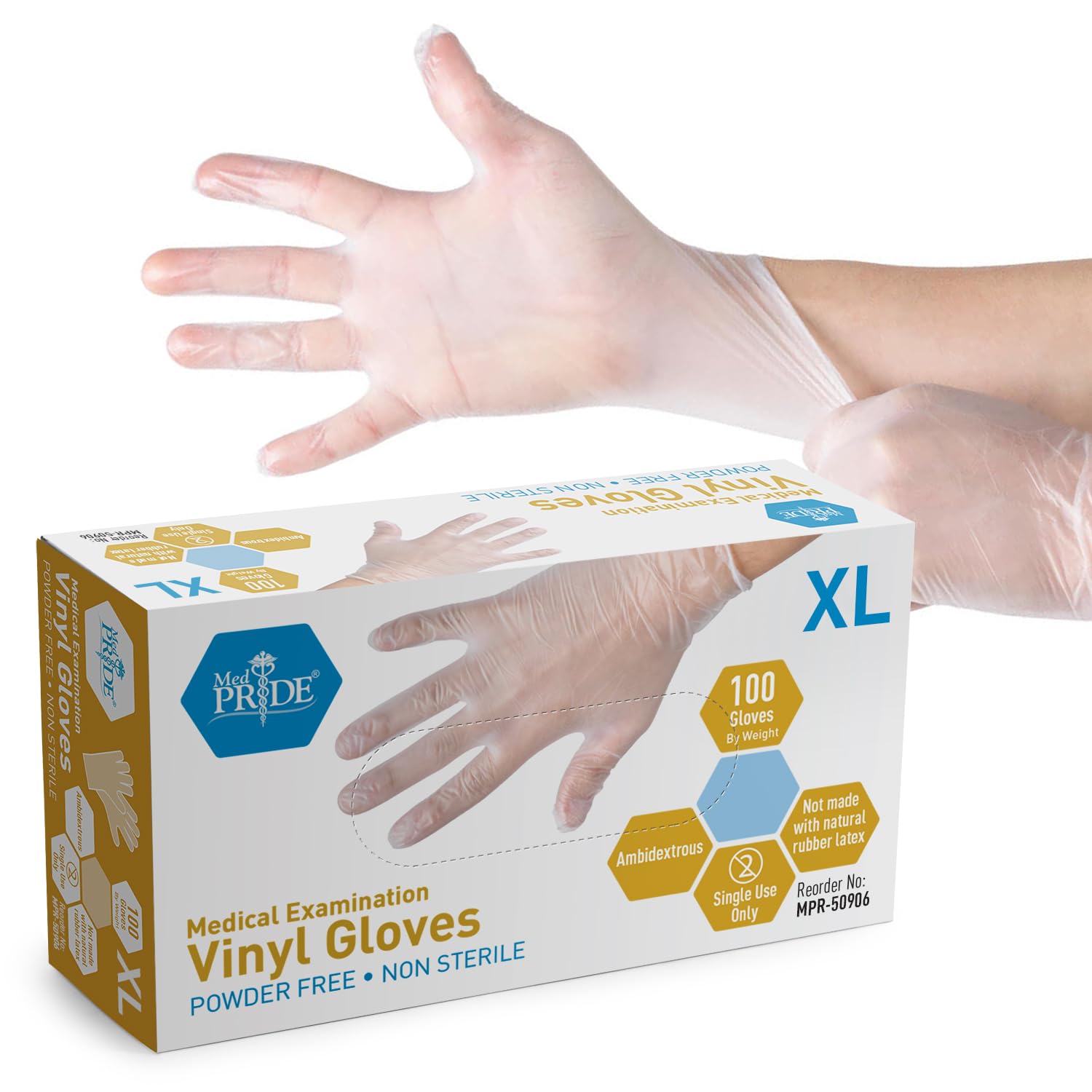 MED PRIDE Vinyl Exam Medical Gloves,Powder & Latex-Free,X-Large,100-Count