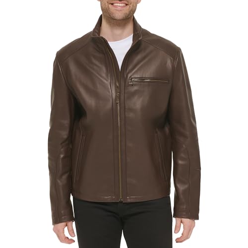 Cole Haan Chaqueta de moto de piel de cordero suave para hombre, Java, XL