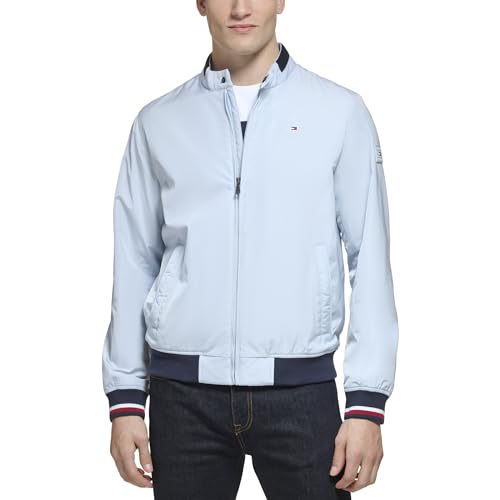 Tommy Hilfiger Men's Lightweight Varsity Rib Knit Bomber Jacket, Pastel Blue, La