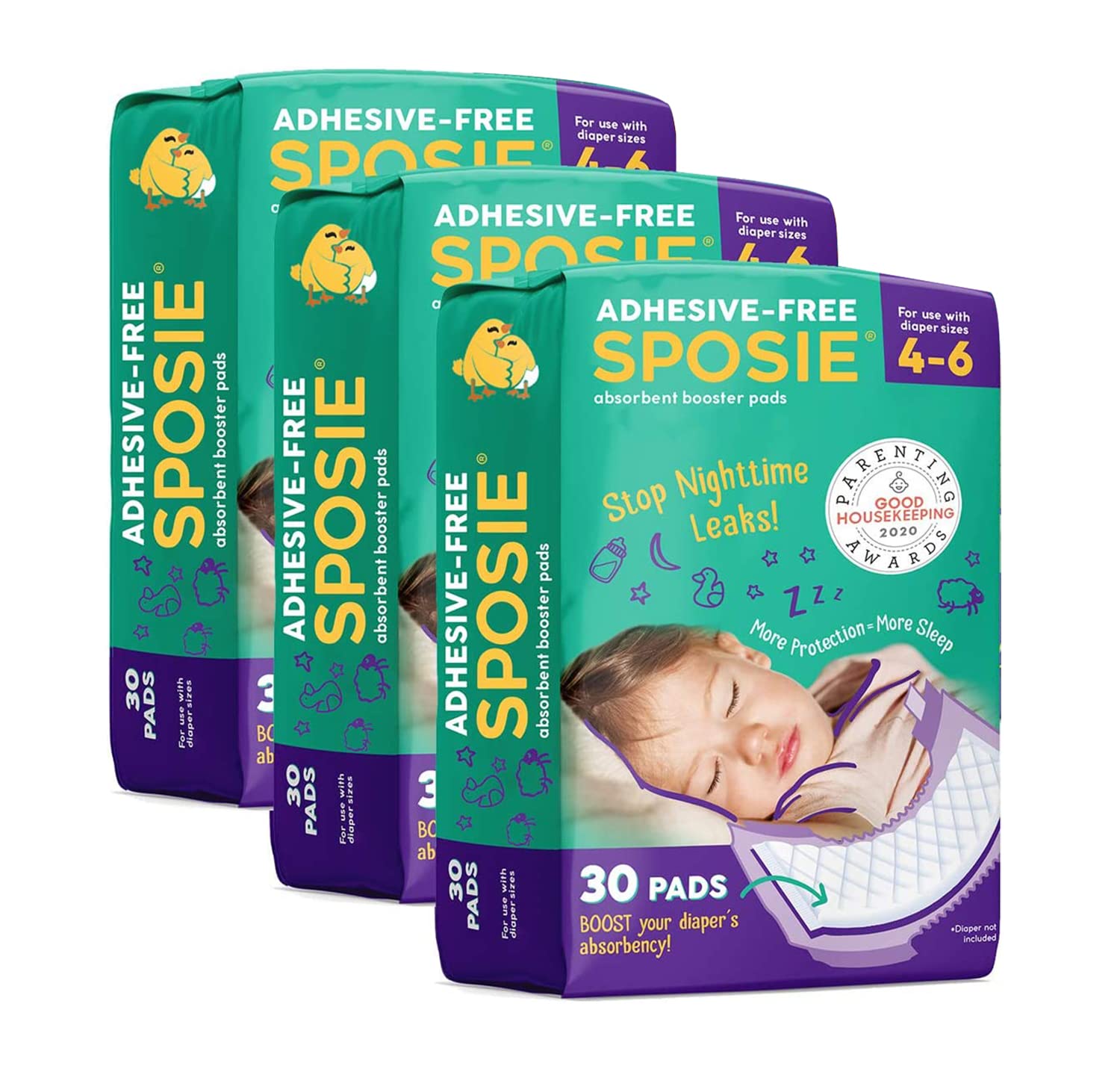 Sposie Overnight Diaper Booster Pads, Stop Diaper Leaks, Size 4-6, 90 Ct