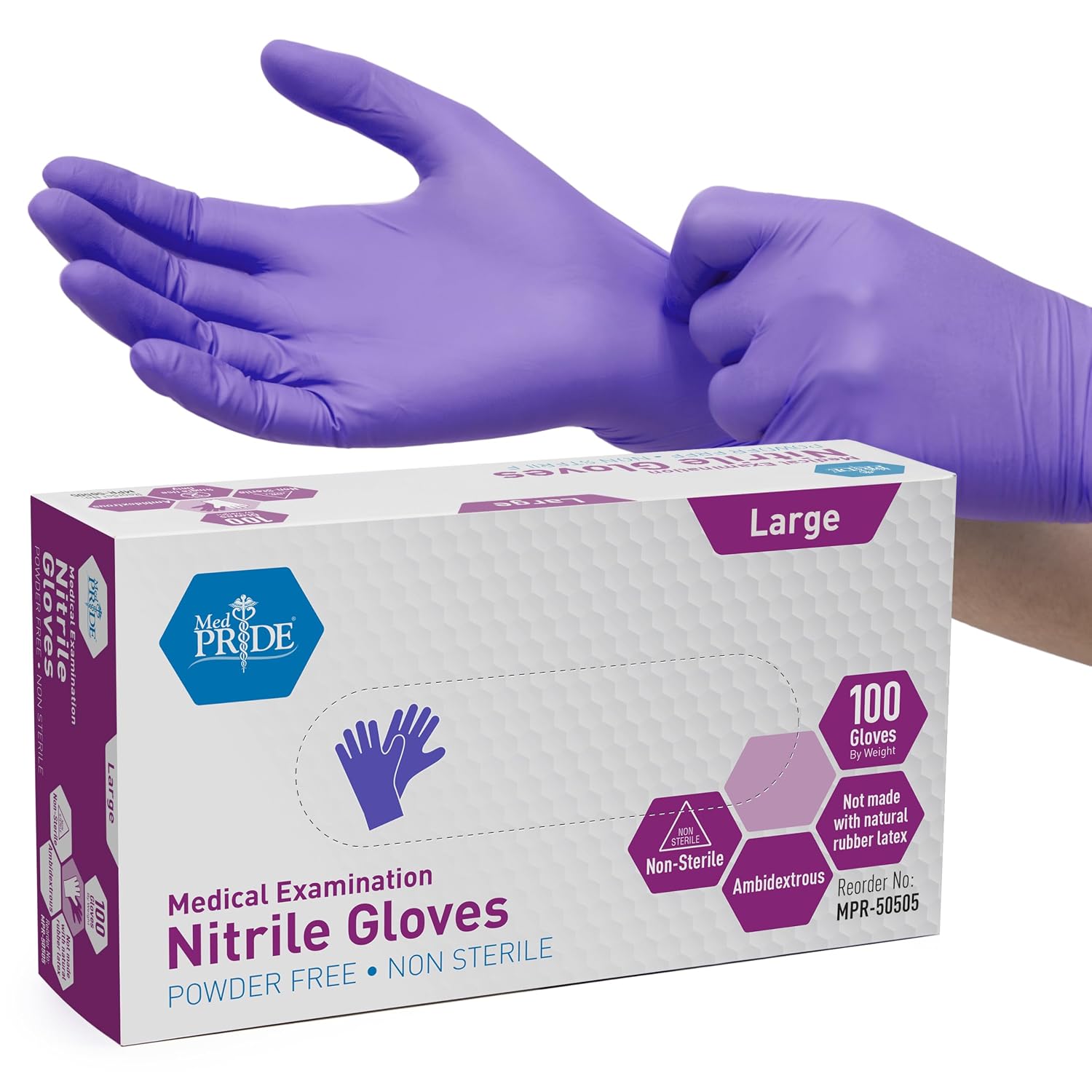 Guantes de examen de nitrilo sin polvo MedPride, grandes, grandes (paquete de 100)