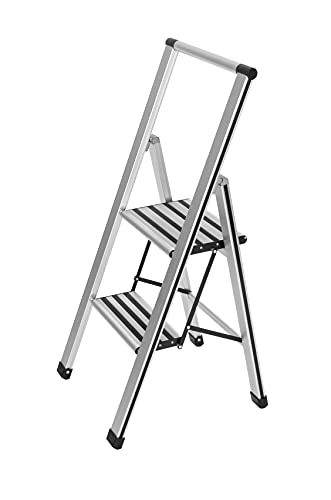 WENKO Escalera de 2 peldaños, taburete plegable de aluminio con escalones anchos antideslizantes, pesado