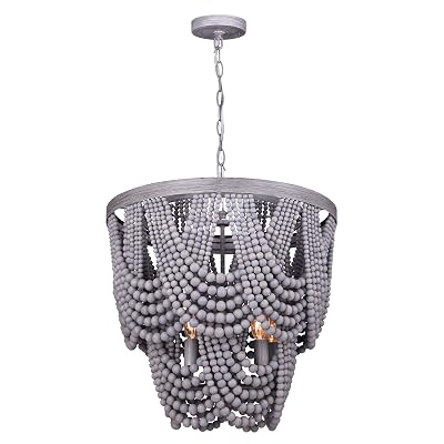 Canarm Solana 5-Light Chandelier, Grey Finish with Real Wood Beads, Boho Ceiling