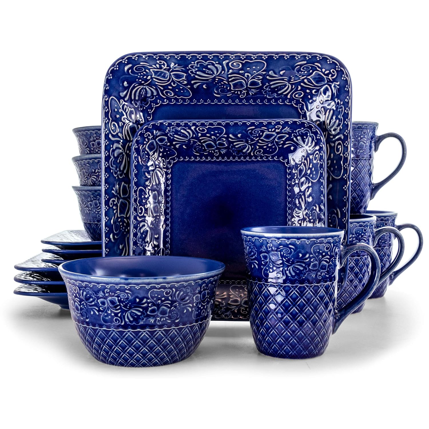 Vajilla cuadrada de gres Elama Indigo Lotus de 16 piezas