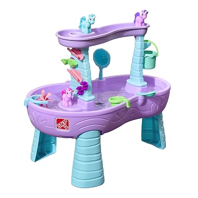 Mesa de agua con ducha de lluvia y unicornios Step2 para niños, mesa sensorial para exteriores para niños pequeños