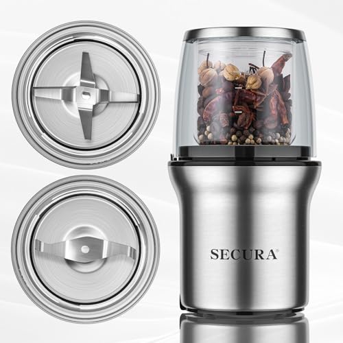 Molinillo de café eléctrico Secura, molinillo de especias, cuencos de vidrio dobles para café húmedo y seco