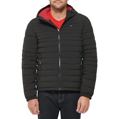 Tommy Hilfiger Chaqueta plegable con capucha de poliéster elástico para hombre, negro, XL