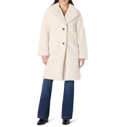 Amazon Essentials Abrigo largo de piel sintética con cuello de solapa para mujer, color beige