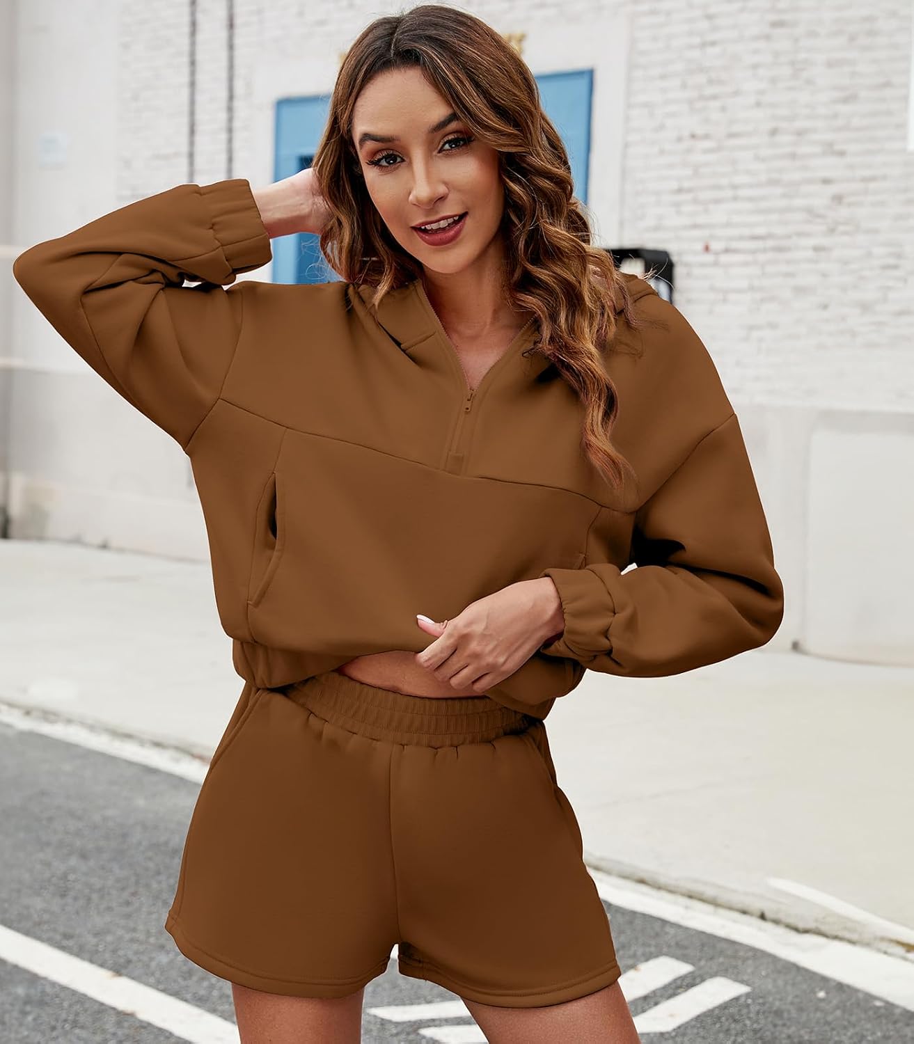 FKEEP Womens 2 Piece Sweatsuit Outfits Half Zip Hoodie Sweat with Shorts Pockets