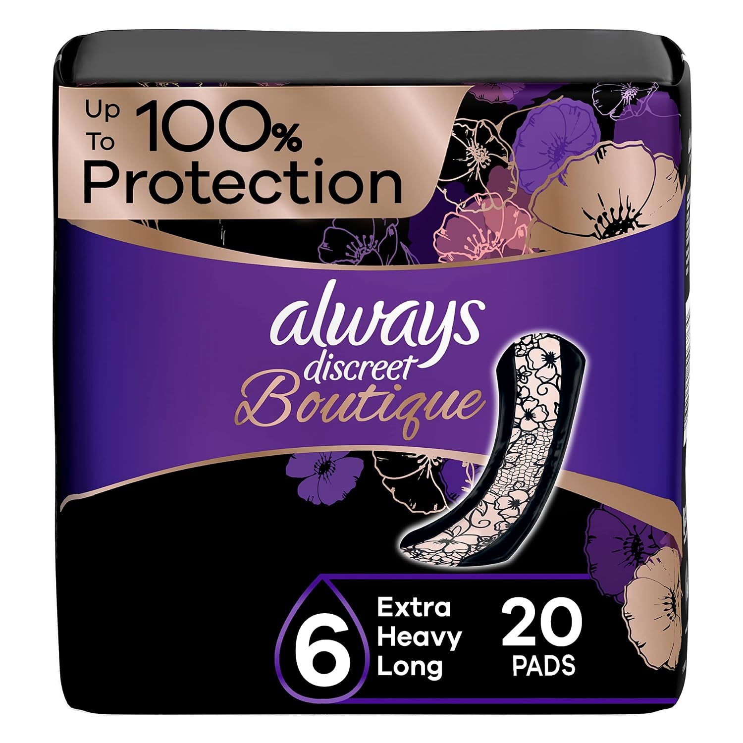 Always Discreet Boutique Incontinence Pads, Size 6, Extra Heavy Absorption, Long