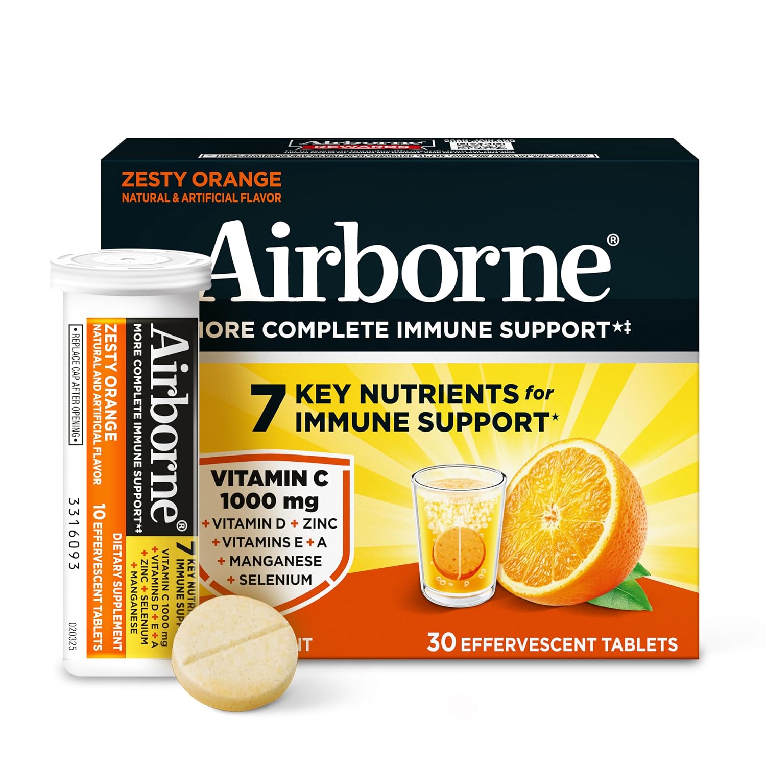 Airborne Immune Support Effervescent Tablets, Zesty Orange Flavor - 30ct with 10