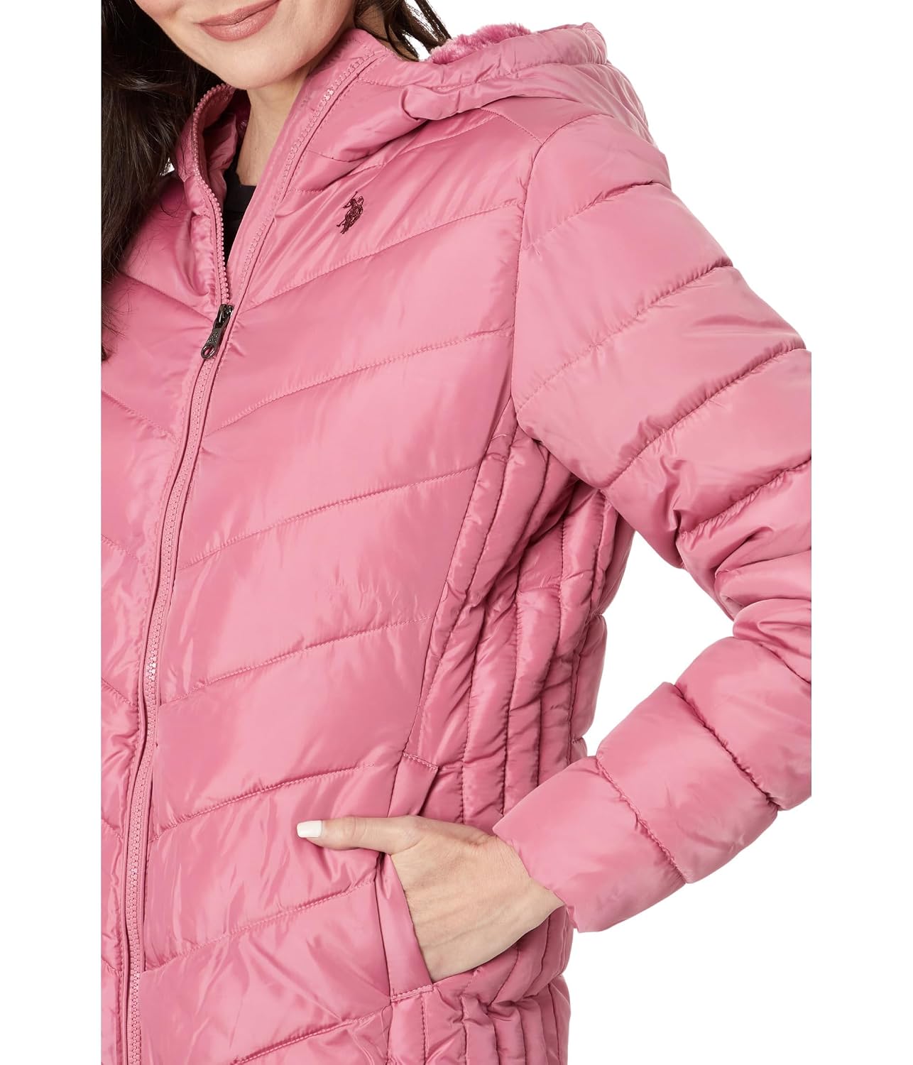 U.S. POLO ASSN. Chevron Cozy Faux Fur Lining Quilted Hooded Puffer with Side Pan