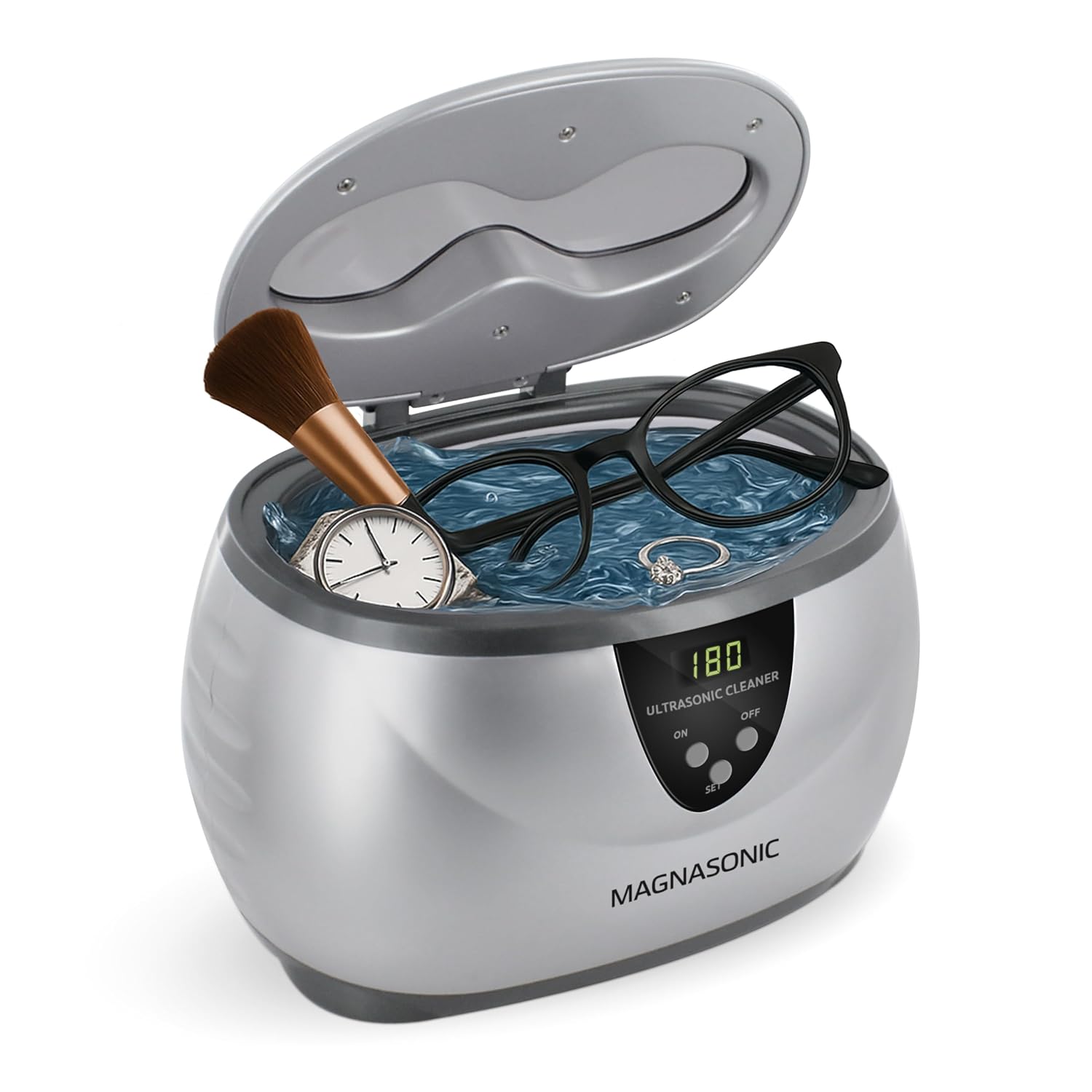 Limpiador ultrasónico Magnasonic - Tanque de acero inoxidable 20oz, Temporizador digital, 5 modos de limpieza, Limpiador ultrasónico de joyas para todas las joyas, E