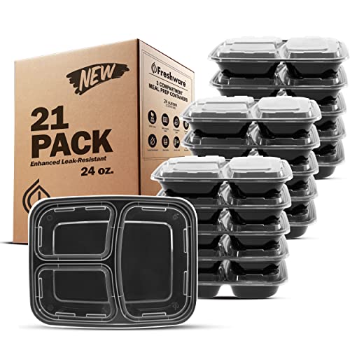 Contenedores Freshware para Preparación de Comidas [21 Pack] 3 Compartimientos con Tapas, Almacenamiento de Comida