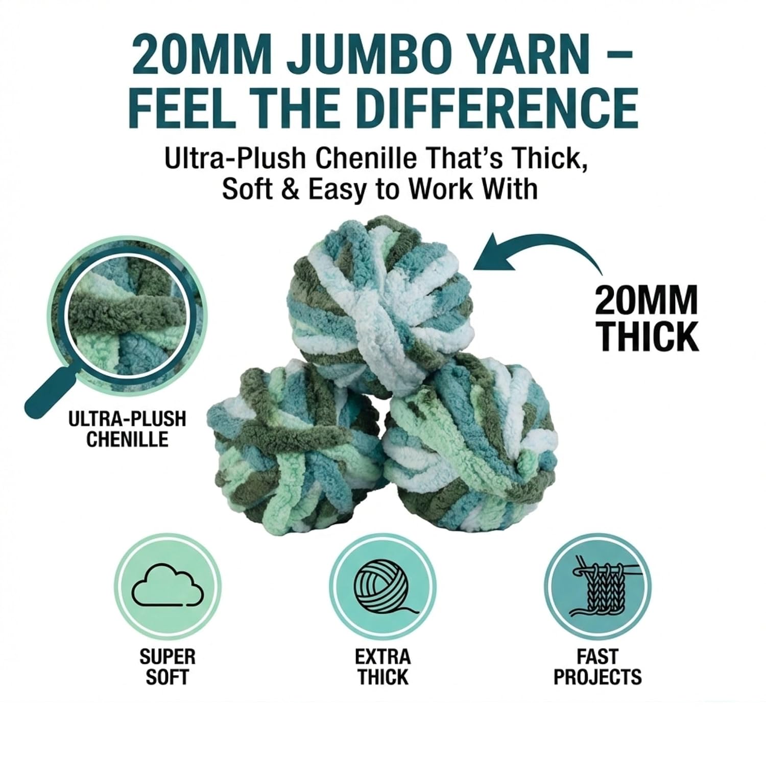 Hilo Grueso para Crochet (Tie Dye- Menta, Azul Verdoso, Verde, Pack de 3)- 72 Yardas Totales,
