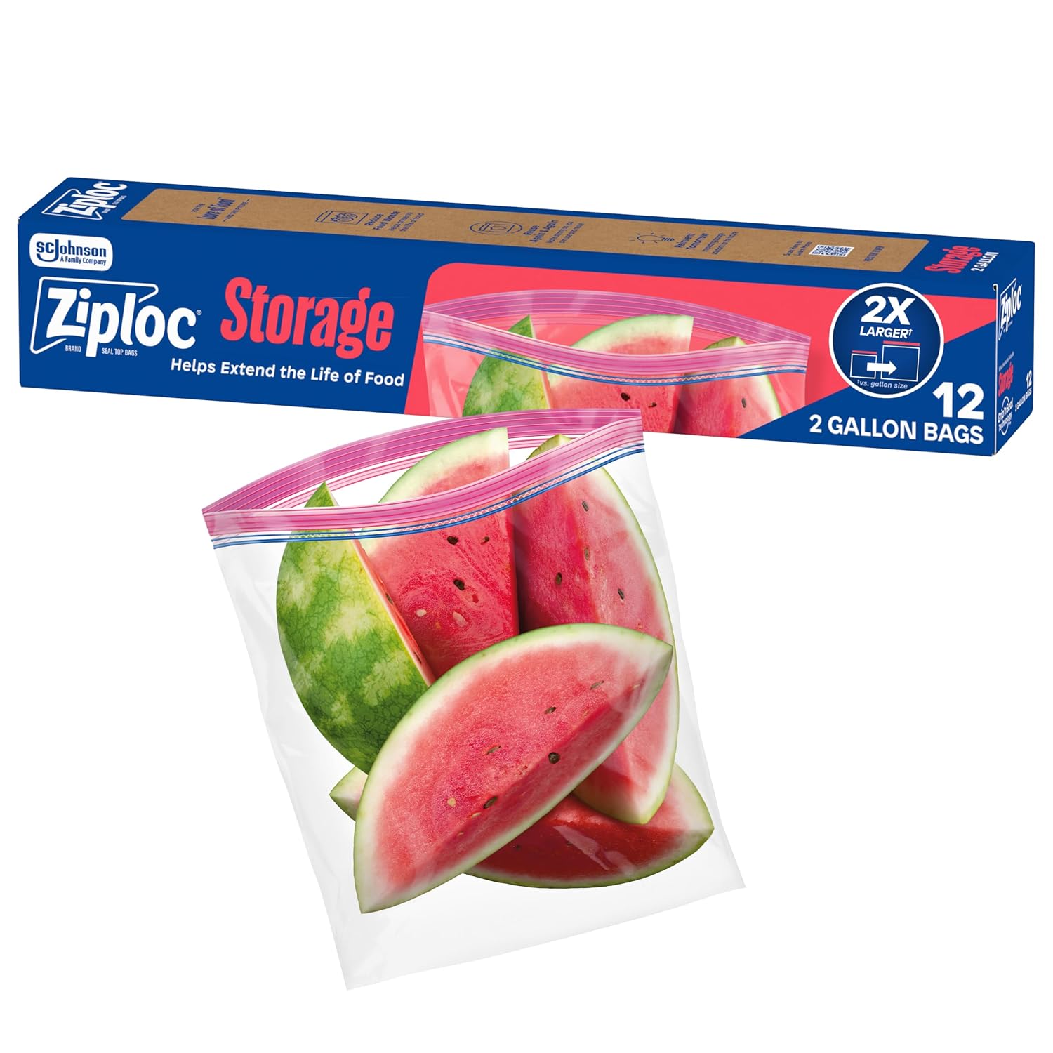 Bolsas Ziploc de 2 galones para almacenar alimentos, con fondo flexible, fáciles de llenar, 12 bolsas en total