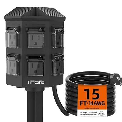 Regleta de Potencia Exterior TiFFCOFiO Resistente a la Intemperie, Cable de Extensión de 15 FT con Estaca, 6 G