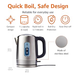 Hervidor Eléctrico Amazon Basics de Acero Inoxidable para Té y Café, Libre de BPA, Rápido