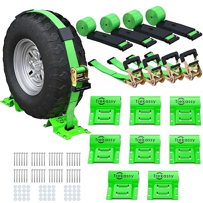 Trekassy Wheel Chock Tie-Down Kit with Rubber Blocks, (4,500lb Break Strength) Heavy Duty E Track Trailer Tire Straps for ATV, UTV, Lawn