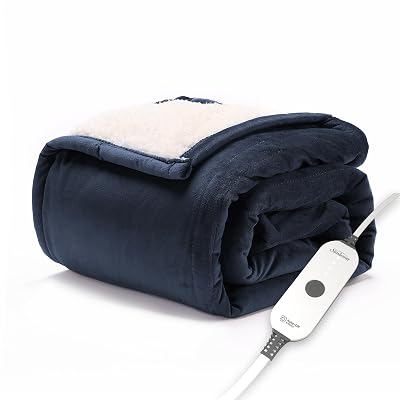 Sunbeam Royal Mink Sherpa Admiral Blue Heated Personal Throw / Blanket, Cozy-Warm