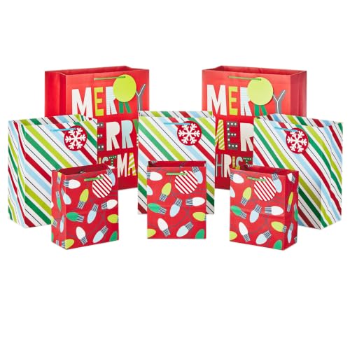 Bolsas de Regalo Navideñas Hallmark, Surtido 8-Pack (Luces, Rayas, Merry)