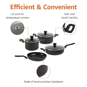 Juego de Cookware Antiadherente Apilable Amazon Basics de 10 Piezas, Anodizado Duro, Seguro para Horno